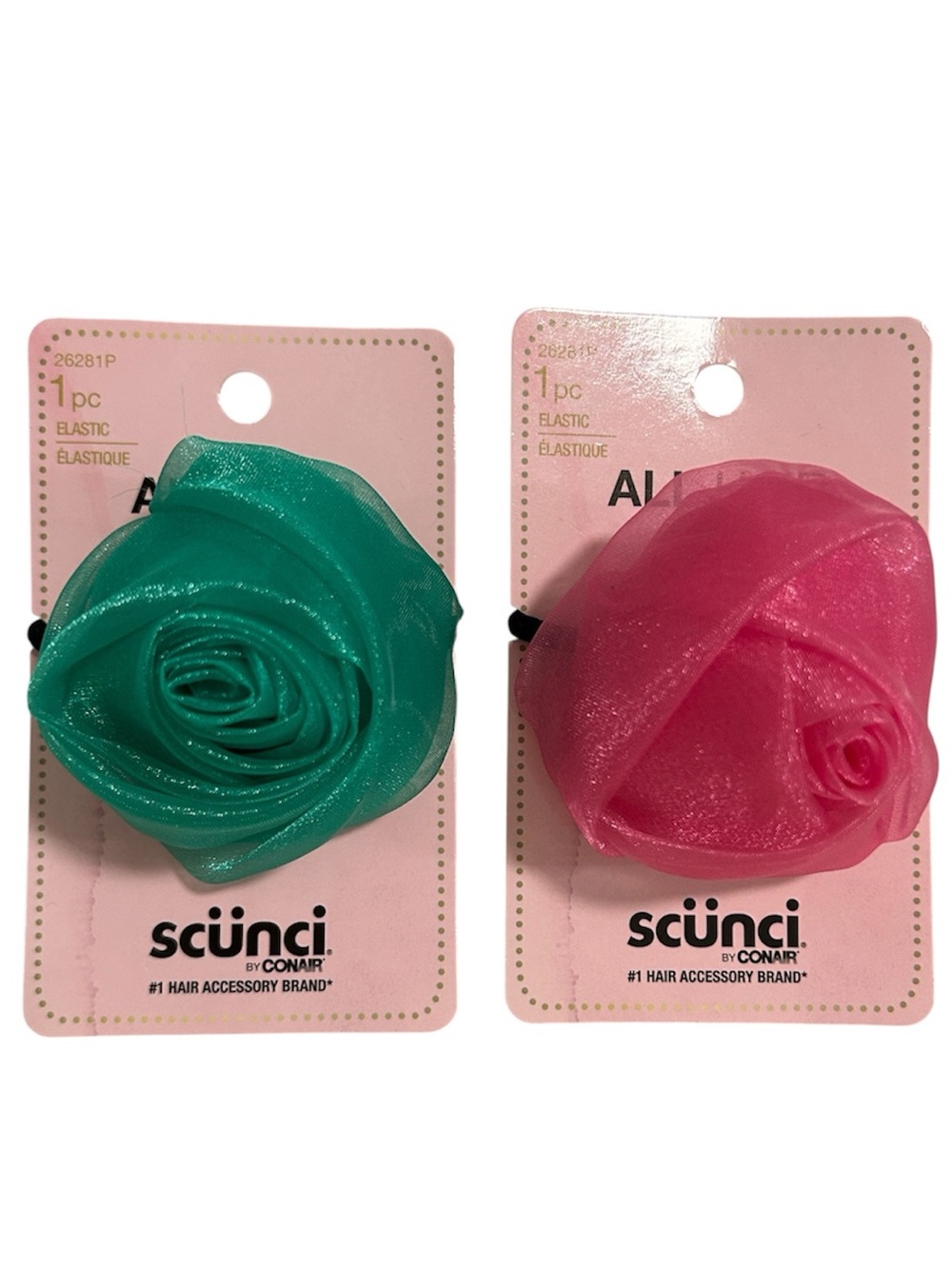 Scunci Floral Rose Hair Girls & Women Elastic Ties- Pink and Green. 2-Piece Set